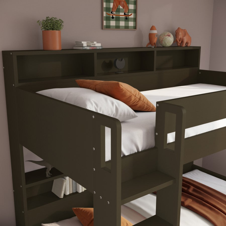 Olivea Dark Olive Wooden Bunk Bed with Storage