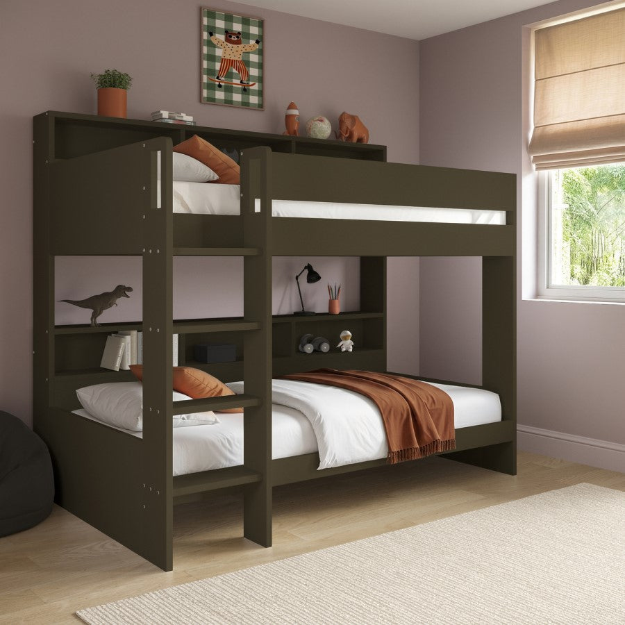 Olivea Dark Olive Wooden Bunk Bed with Storage
