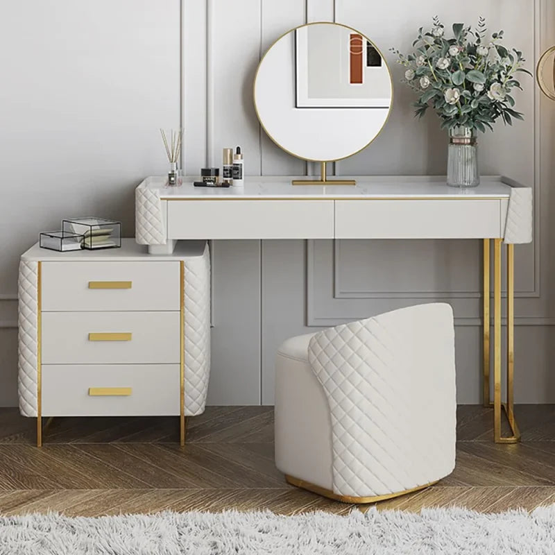 Glass Vanity Sideboard with Drawers and Stool