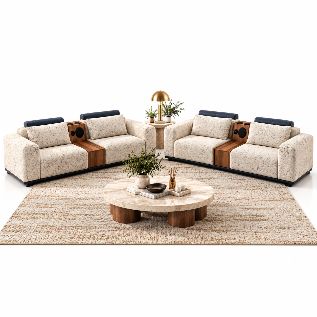 Modern Smart 3+3 Seater Sofa Set with Built-in Bluetooth Speaker, Cup Holders & Wood Console