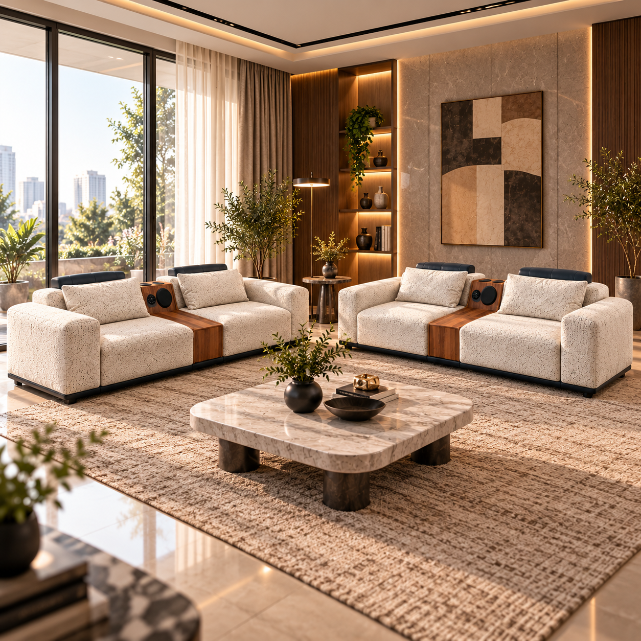 Modern Smart 3+3 Seater Sofa Set with Built-in Bluetooth Speaker, Cup Holders & Wood Console