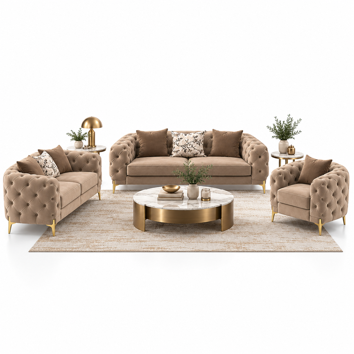 Classic Chesterfield-Style 6-Seater Sofa Set (3+2+1) with Gold Accent Legs | Customizable Size & Color