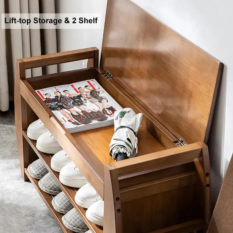 Upholstered Bench with Flip Top Storage Shoe Rack