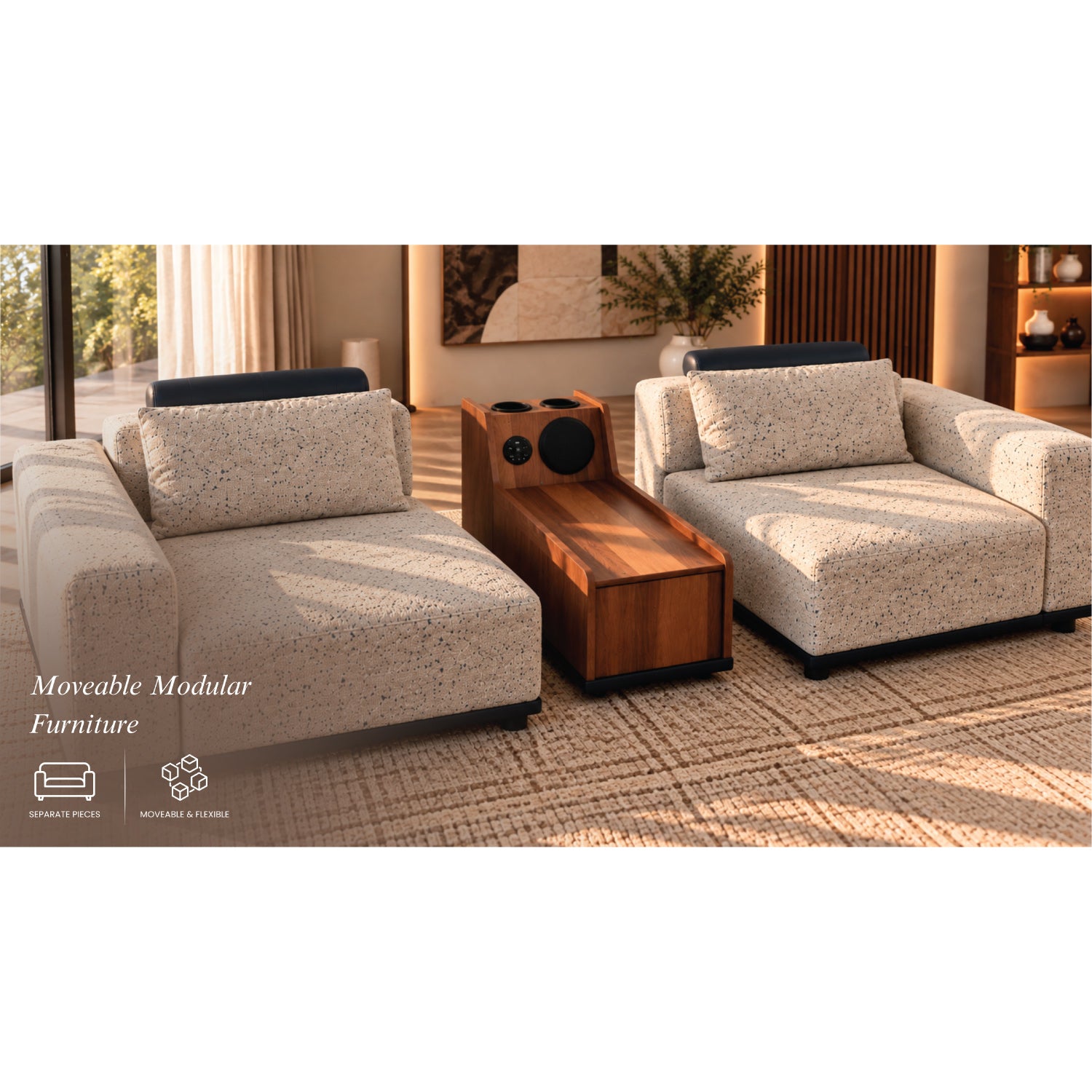 Modern Smart 3+2 Seater Sofa Set with Built-in Bluetooth Speaker, Cup Holders & Wood Console