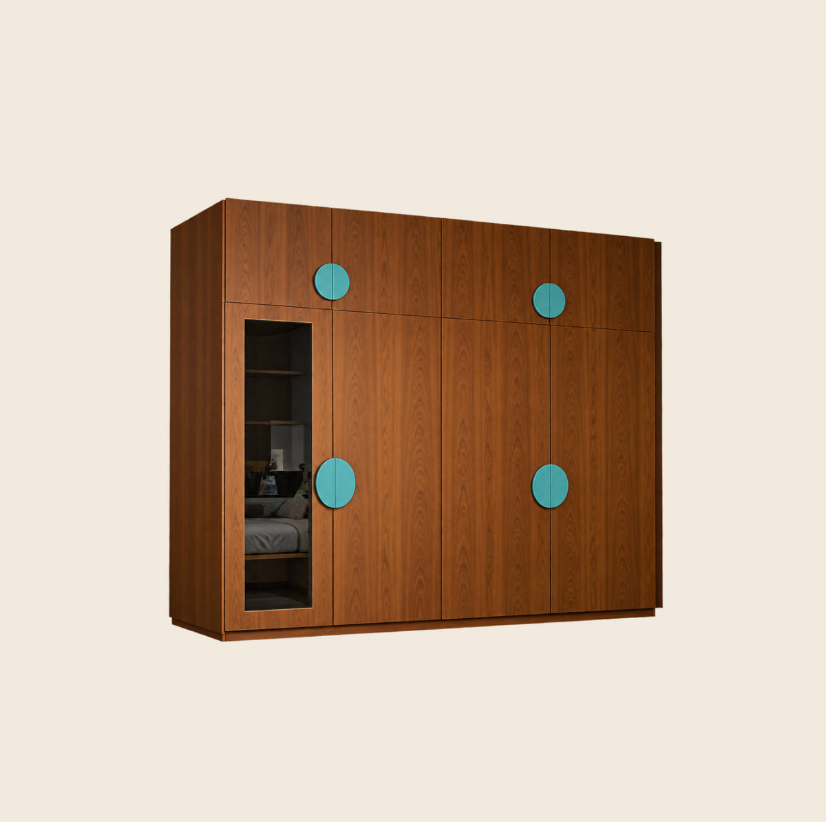 Walnut Wardrobe with Glass Door Panel & Round Teal Handles