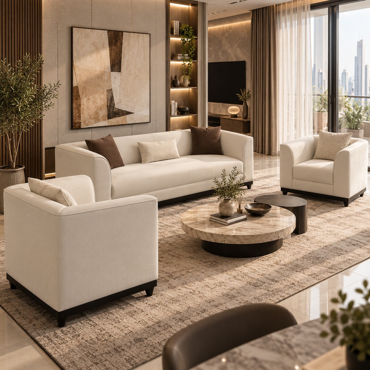 Modern Italian 5-Piece Living Room Sofa Suite (3-Seater & 2 Accent Armchairs)