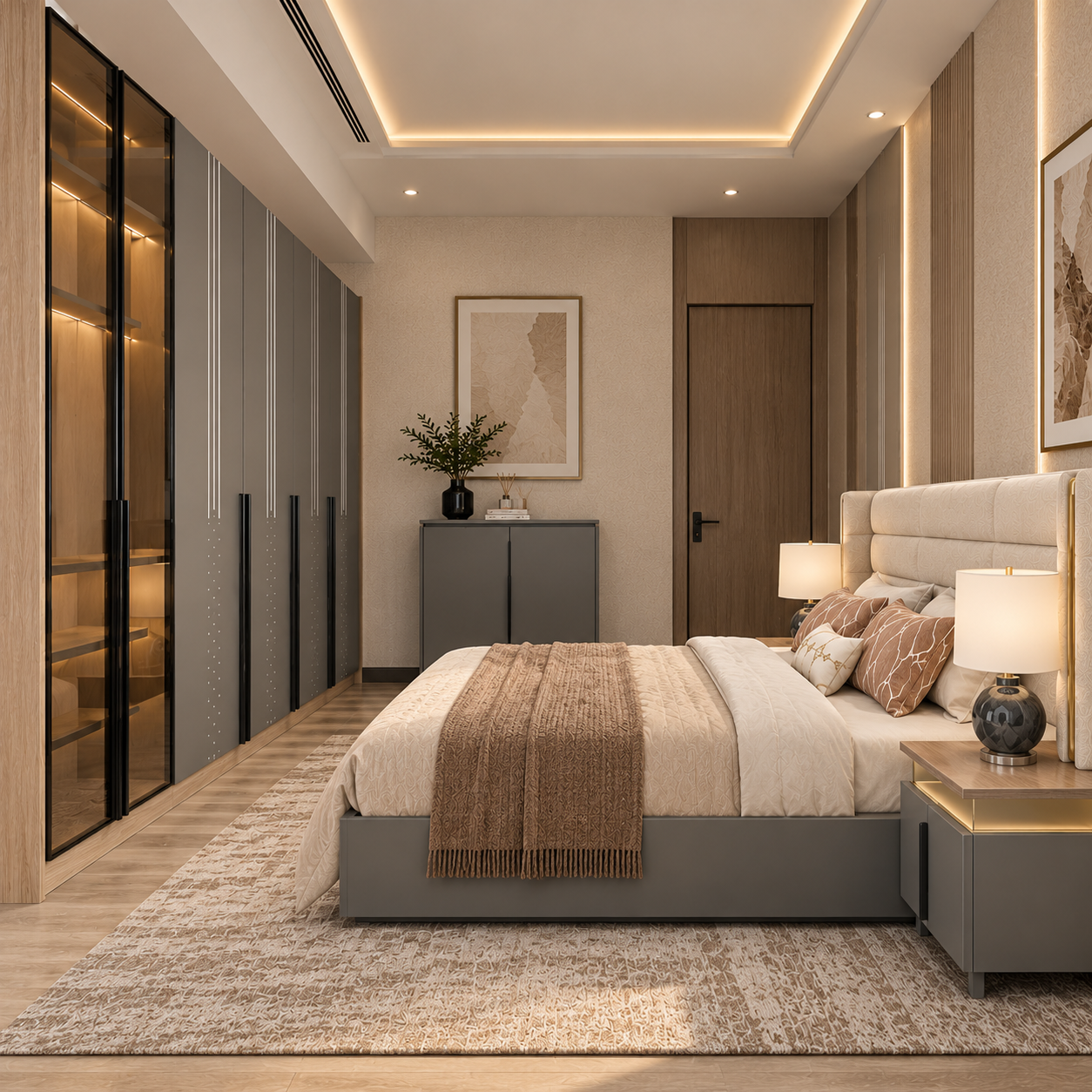 Modern Luxury 5-Piece Bedroom Set with LED Glass Wardrobe & Shoe Rack