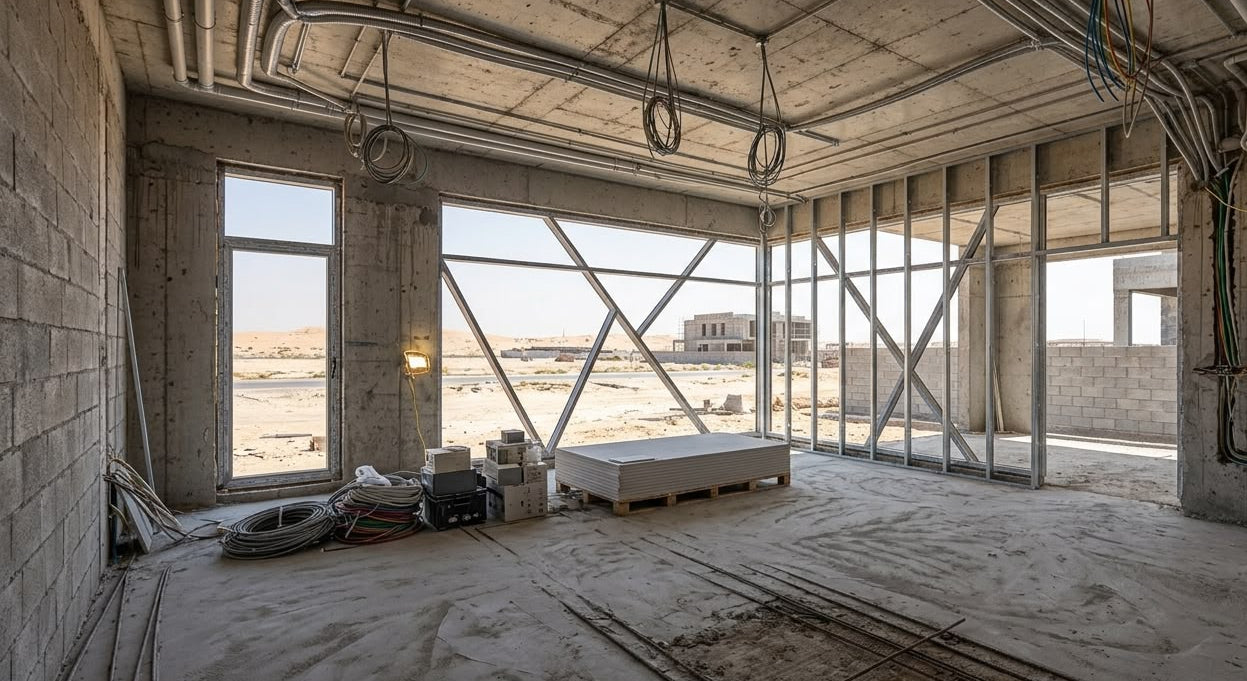 An unfinished concrete room with exposed ceiling pipes, large windows, a metal support frame, and a small white bench or platform near the center. The space is shown in a real architectural environment with desert scenery visible outside.