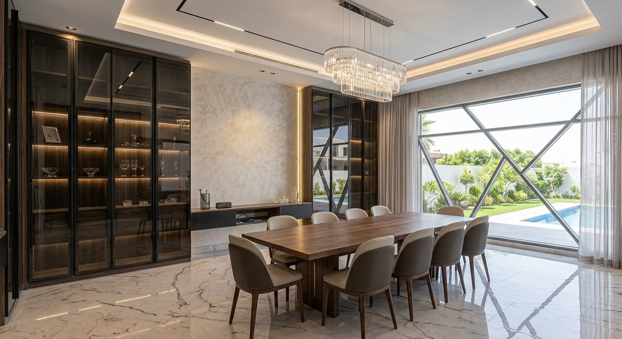 A modern dining room with a rectangular wooden dining table surrounded by gray upholstered chairs, set in a spacious room with marble floors, glass display cabinets, and large windows overlooking a pool.