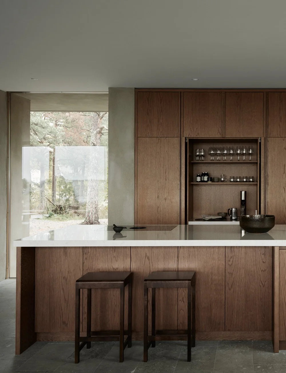 Dark Oak Architectural Kitchen Minimalist Kitchen with Rich Wood & Concrete