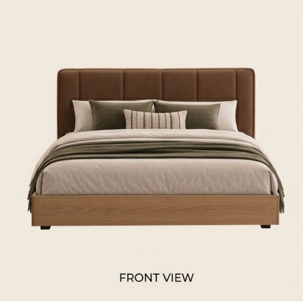 Modern Oak Wooden Bed Frame with Upholstered Headboard