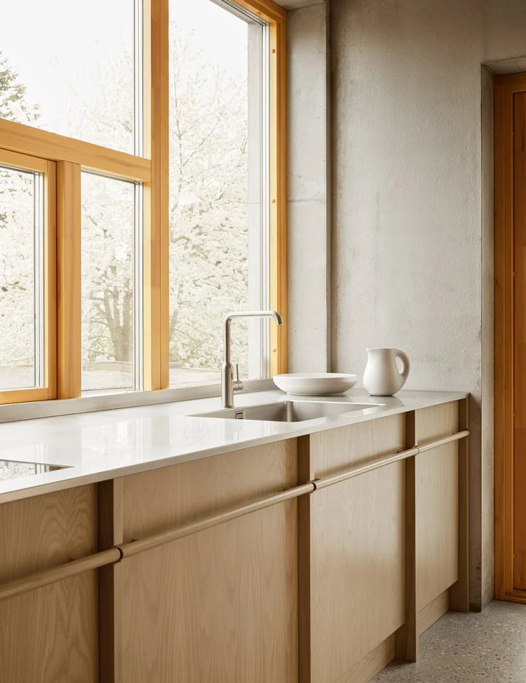 Light oak kitchen with pink kitchen island