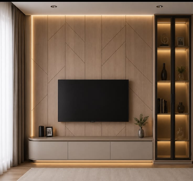Geometric Wood TV Unit & Media Wall with Backlit Glass Display Cabinet