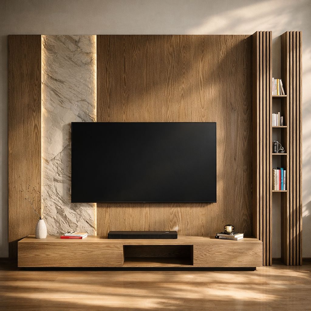 Modern Wooden TV Unit & Media Wall with Backlit Artificial Stone Accent & Fluted Bookshelf