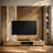 Modern Wooden TV Unit & Media Wall with Backlit Artificial Stone Accent & Fluted Bookshelf