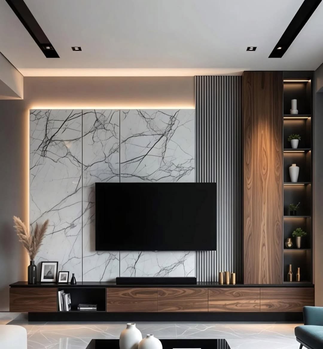 Luxury Artificial Marble & Wood TV Unit with Fluted Slat Panel & LED Lighting