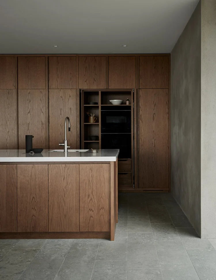 Dark Oak Architectural Kitchen Minimalist Kitchen with Rich Wood & Concrete