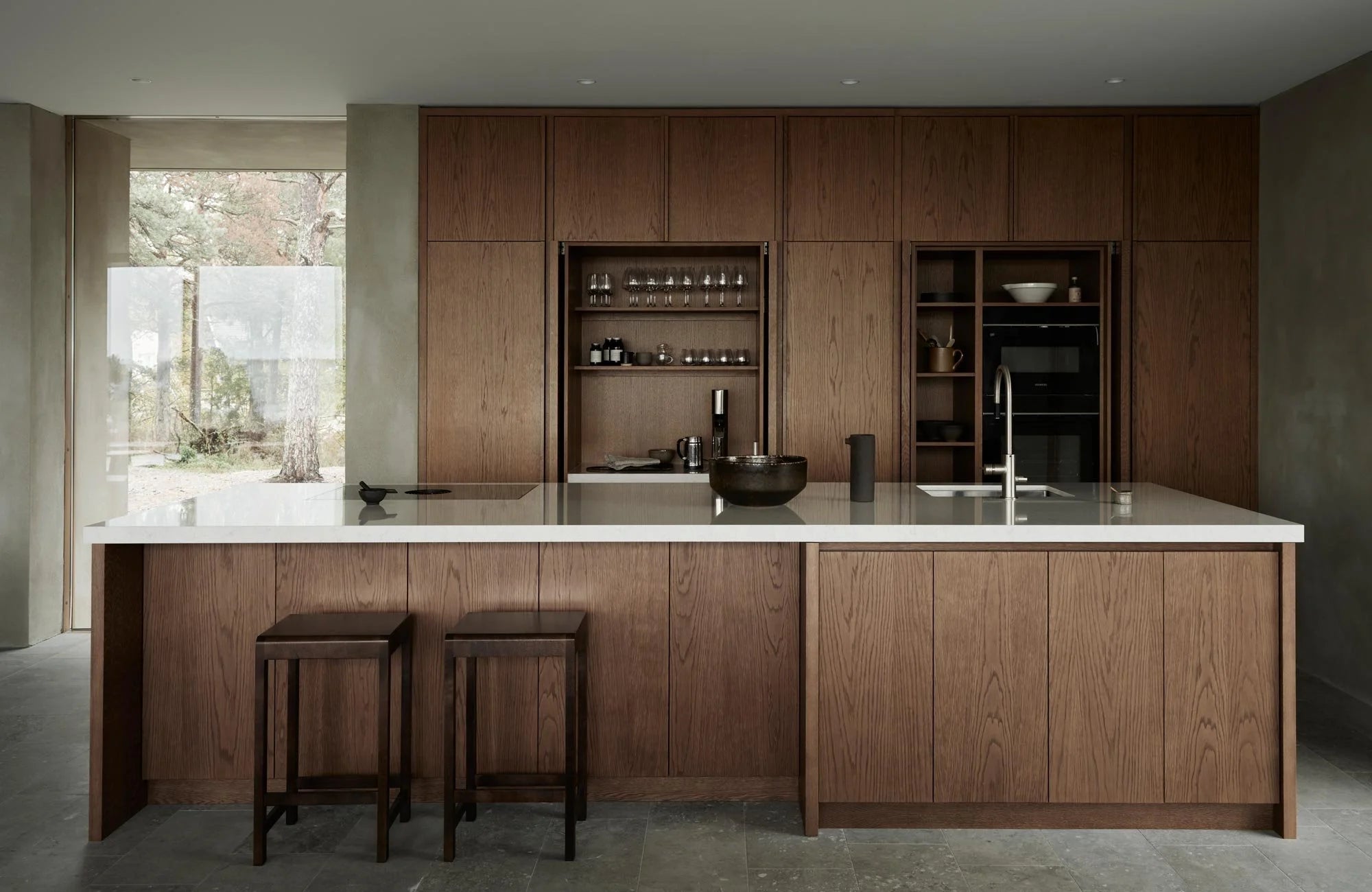 Dark Oak Architectural Kitchen Minimalist Kitchen with Rich Wood & Concrete