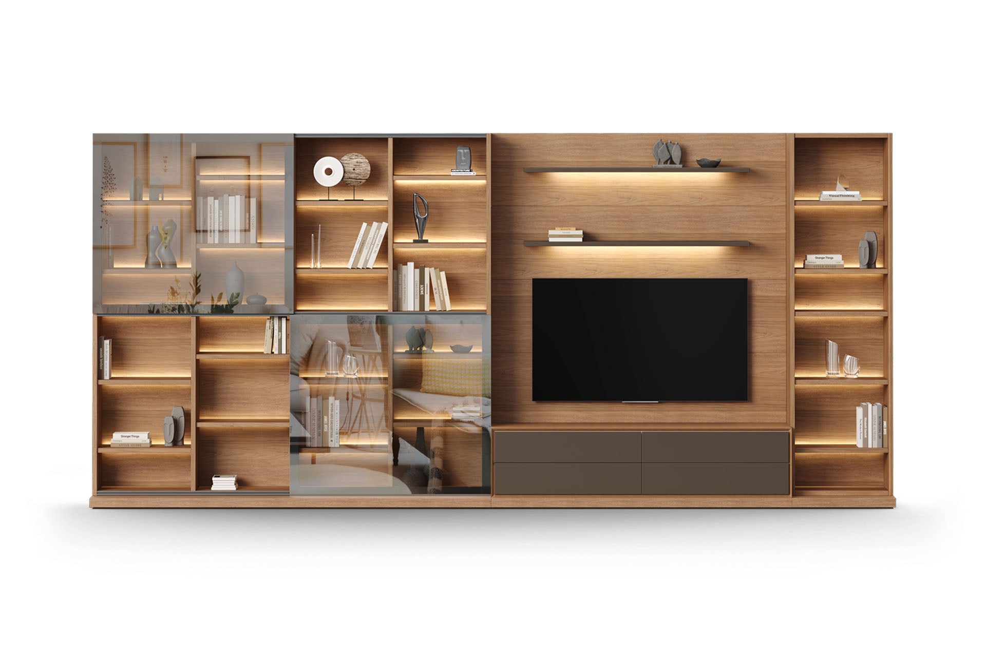 Luxury TV Entertainment Unit with Glass Cabinets & Floating Shelves