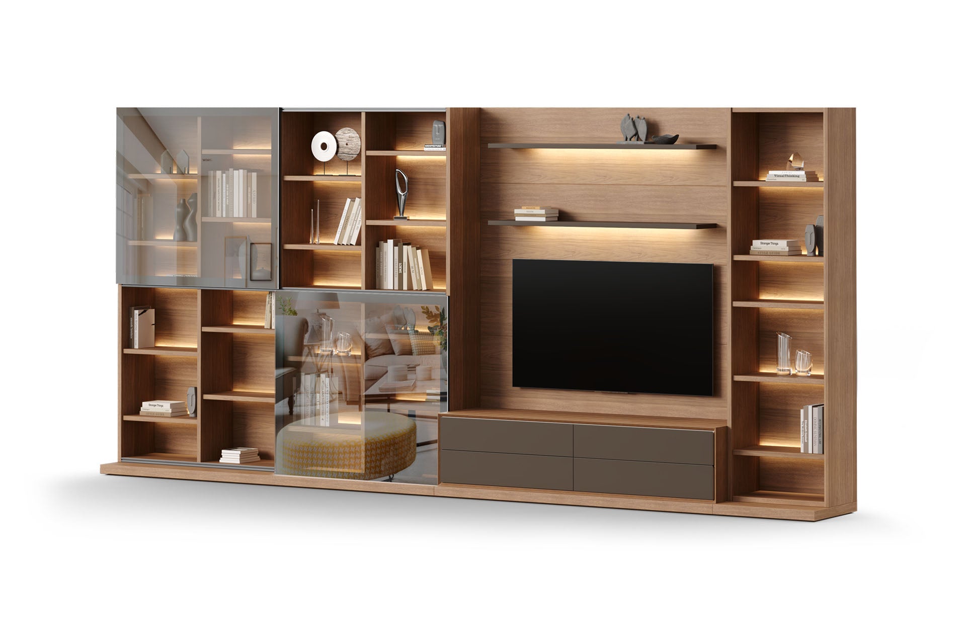 Luxury TV Entertainment Unit with Glass Cabinets & Floating Shelves