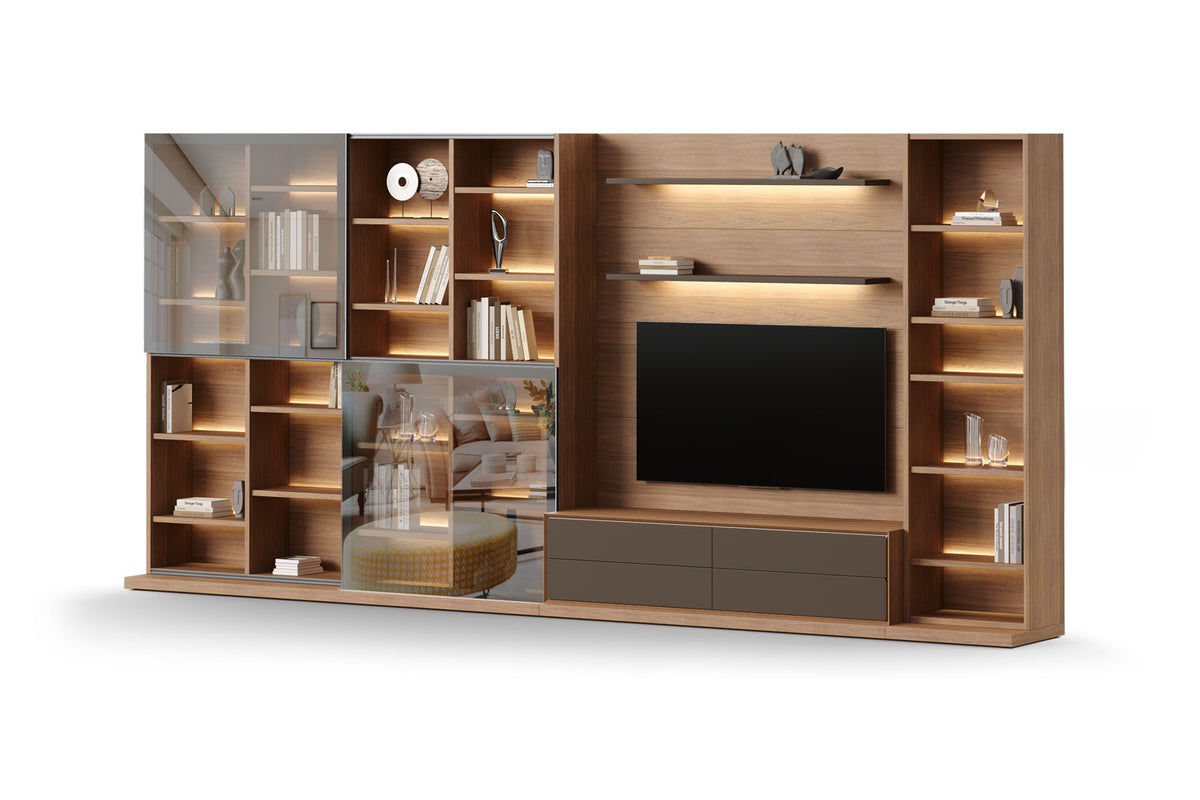 Luxury TV Entertainment Unit with Glass Cabinets & Floating Shelves