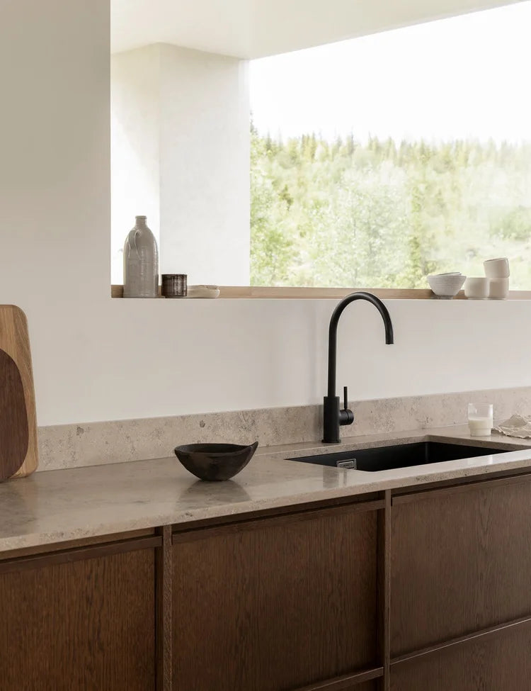 Minimalist timber kitchen with dark oak cabinetry