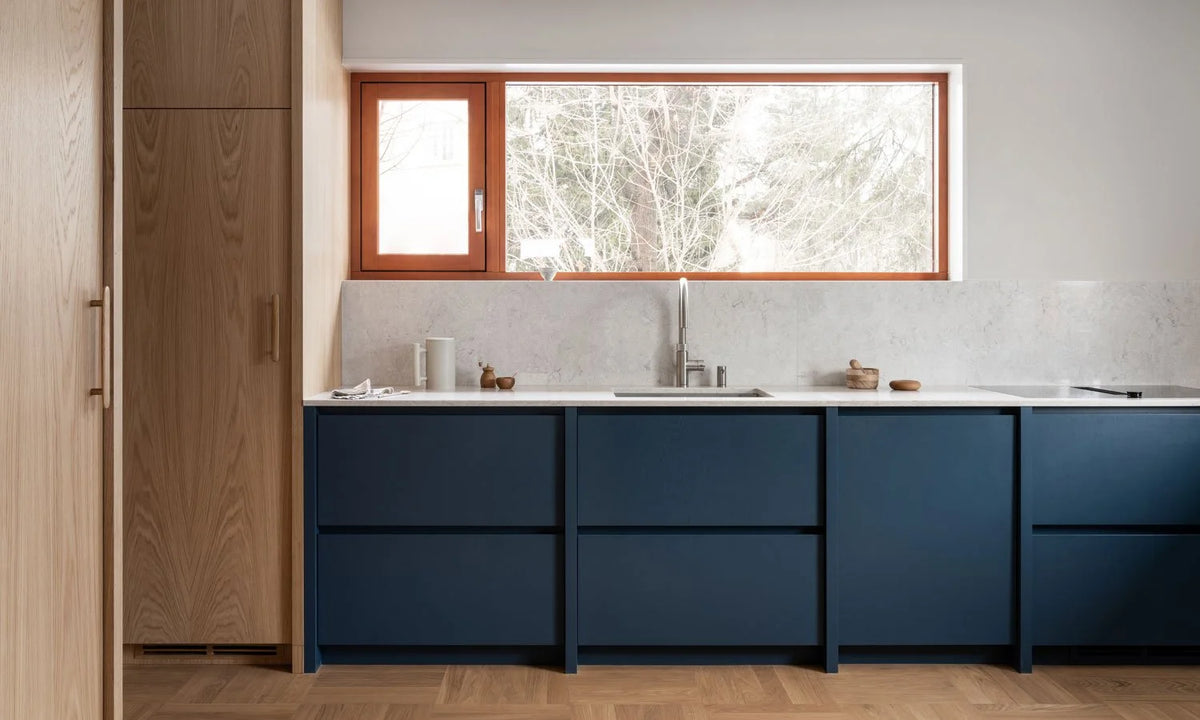 Blue & Natural Wood Contemporary Kitchen with Warm Tones & Blue Accents