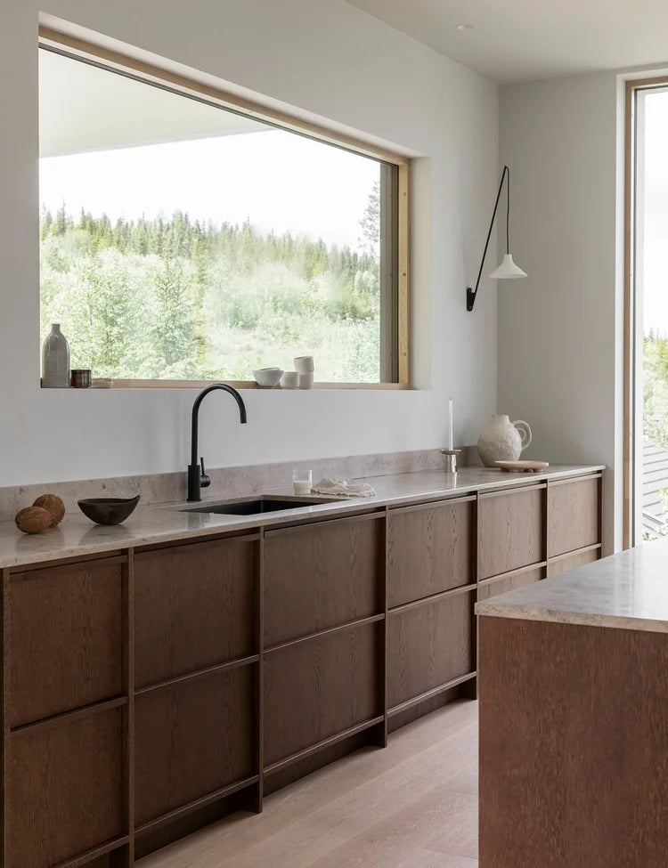 Minimalist timber kitchen with dark oak cabinetry