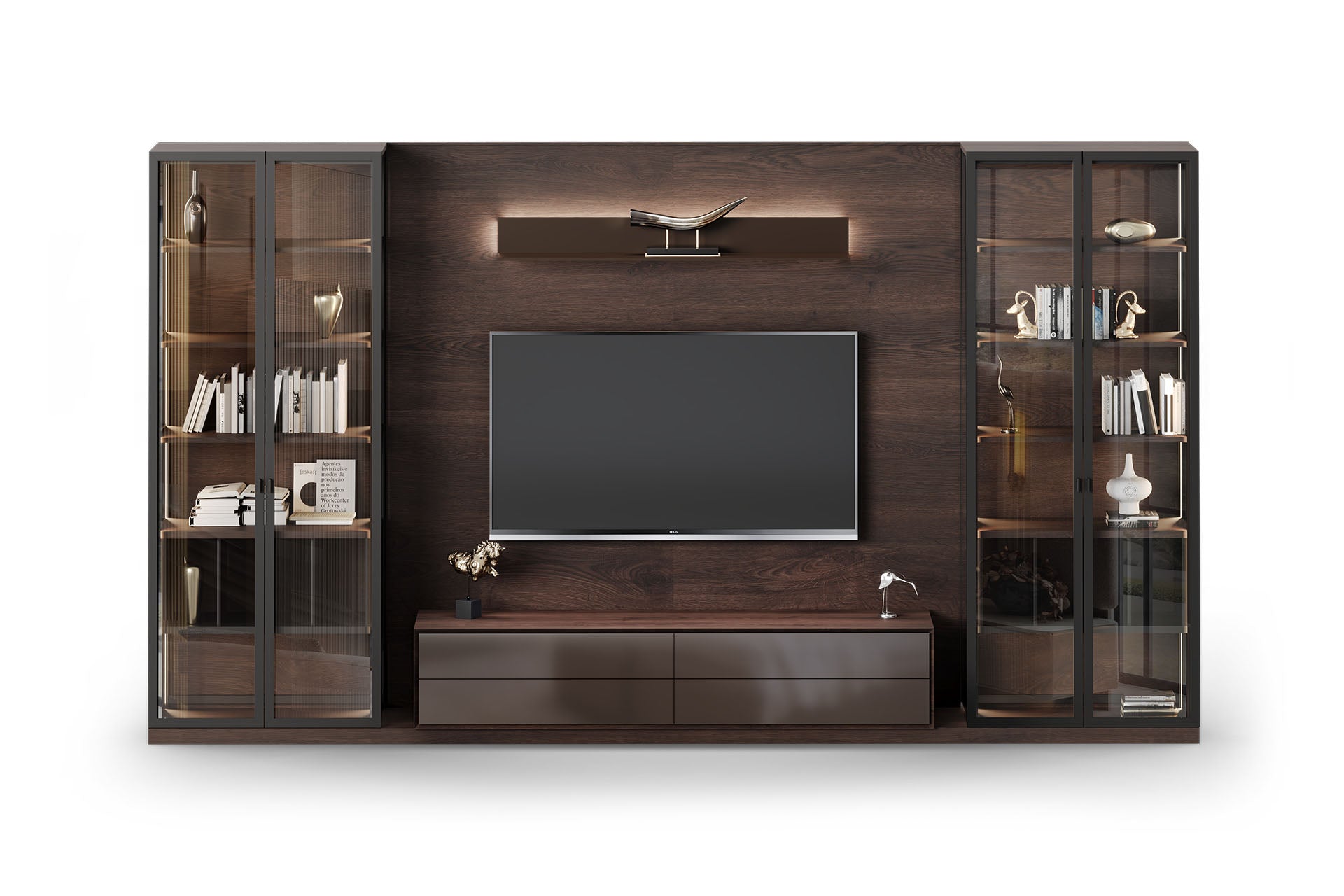 Dark Wood TV Unit & Media Wall with Glass Display Cabinets