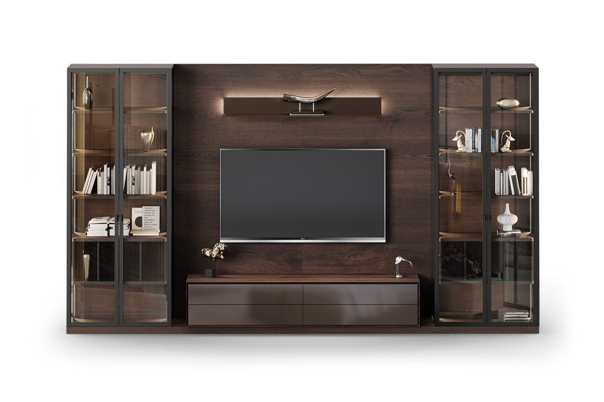 Dark Wood TV Unit & Media Wall with Glass Display Cabinets