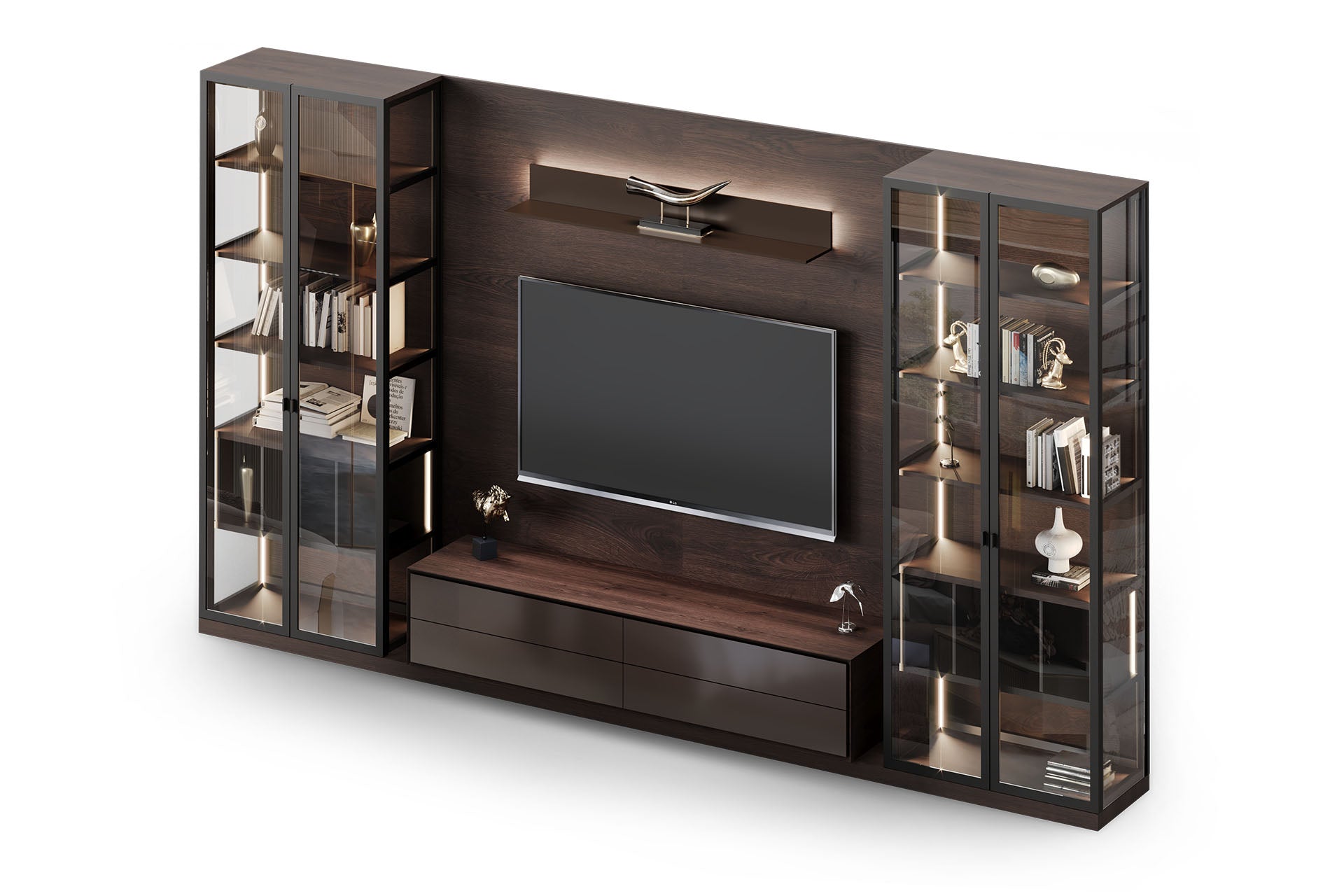 Dark Wood TV Unit & Media Wall with Glass Display Cabinets