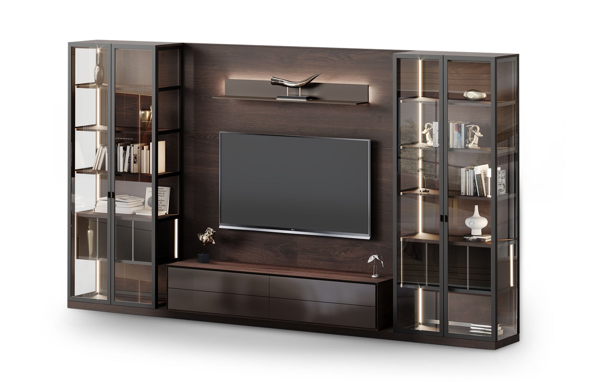Dark Wood TV Unit & Media Wall with Glass Display Cabinets
