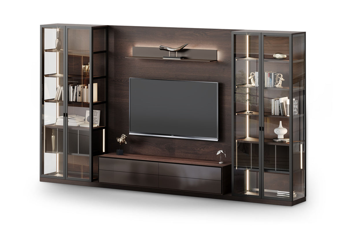 Dark Wood TV Unit & Media Wall with Glass Display Cabinets