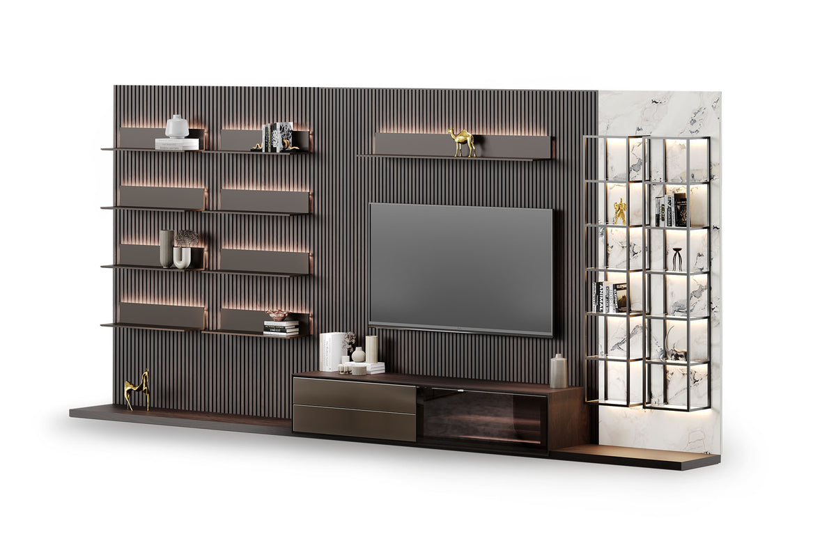 Fluted Wood & Marble TV Unit with Floating Shelves & LED Lighting