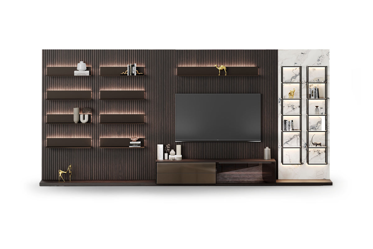 Fluted Wood & Marble TV Unit with Floating Shelves & LED Lighting