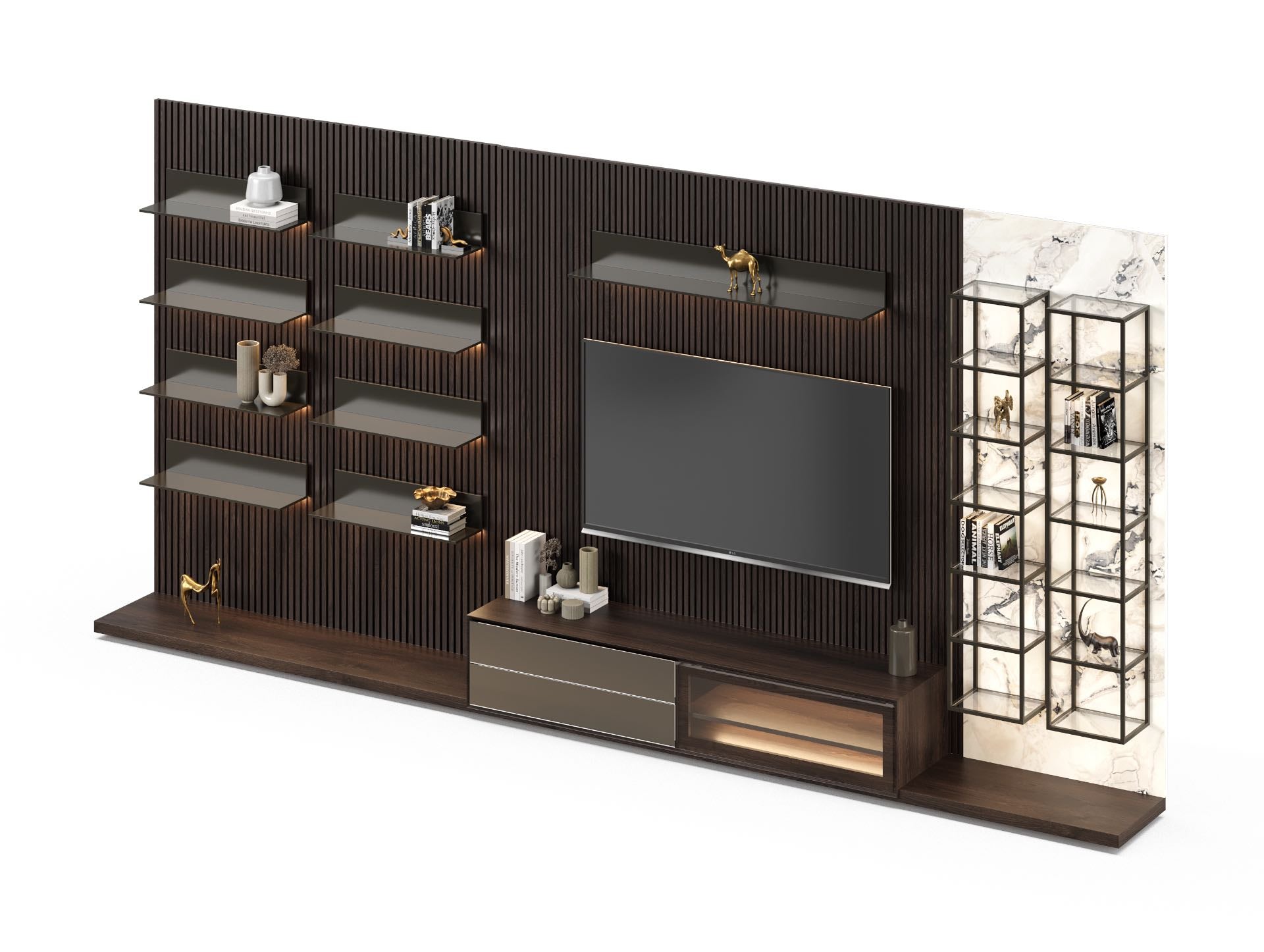 Fluted Wood & Marble TV Unit with Floating Shelves & LED Lighting